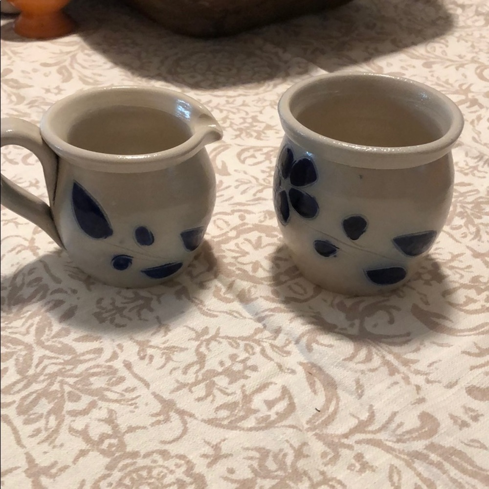 Cream and sugar hand thrown and decorated pottery